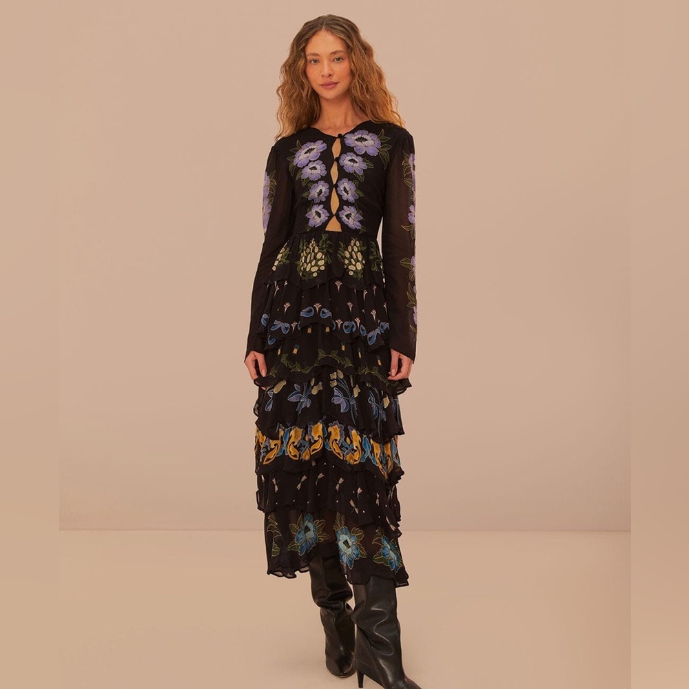 FARM Rio Black Maxi Dress with Purple, Blue and Yellow Floral Print